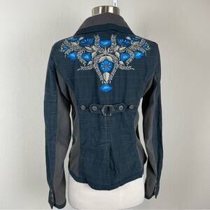 Free People Navy Gray Plaid 3 Button Mixed Media Floral Embroidered Blazer 6